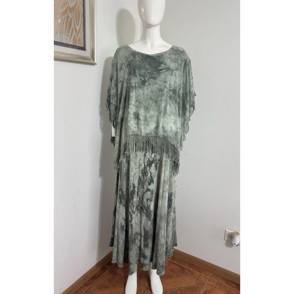 Tie Dye Kaftan Muumuu Dress Poncho Overlay w/Fringe Maxi Boho Ethnic Green OS